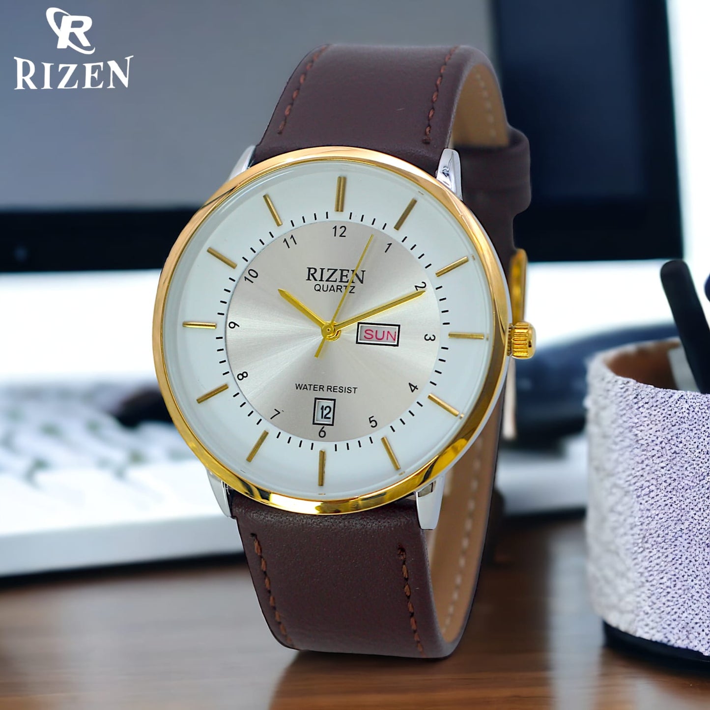 Rizen White dial with Brown Leather strap Amazing Quality